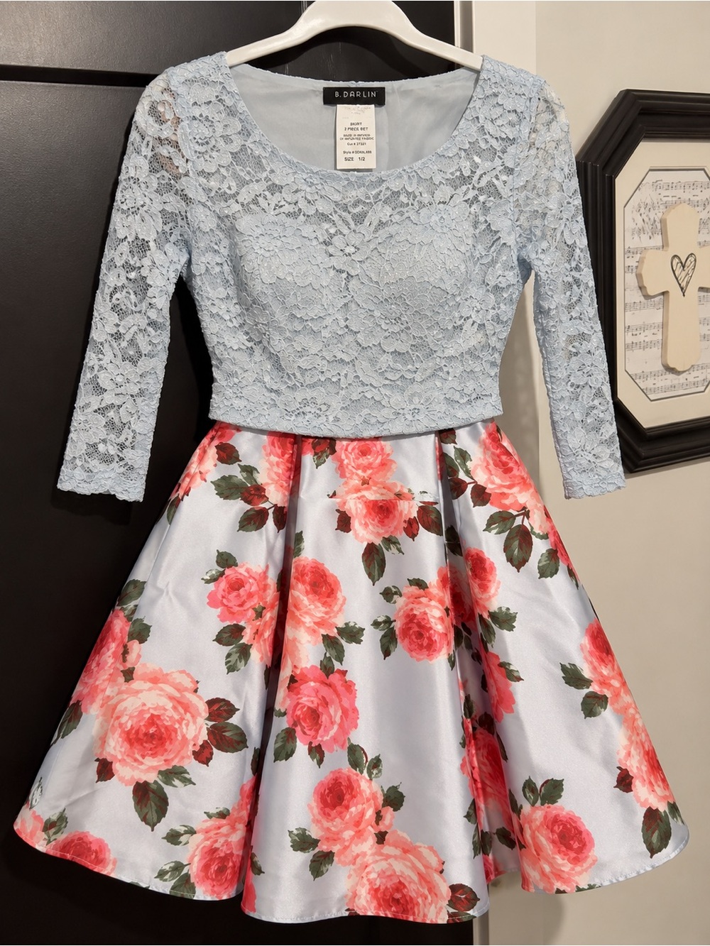 B Darlin Powder Blue Lace Top with Coral Floral Satin Skirt Prom Dress